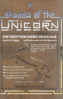 A full page advert for Shadow of the Unicorn. It has an image of a rampant unicorn behind the text.